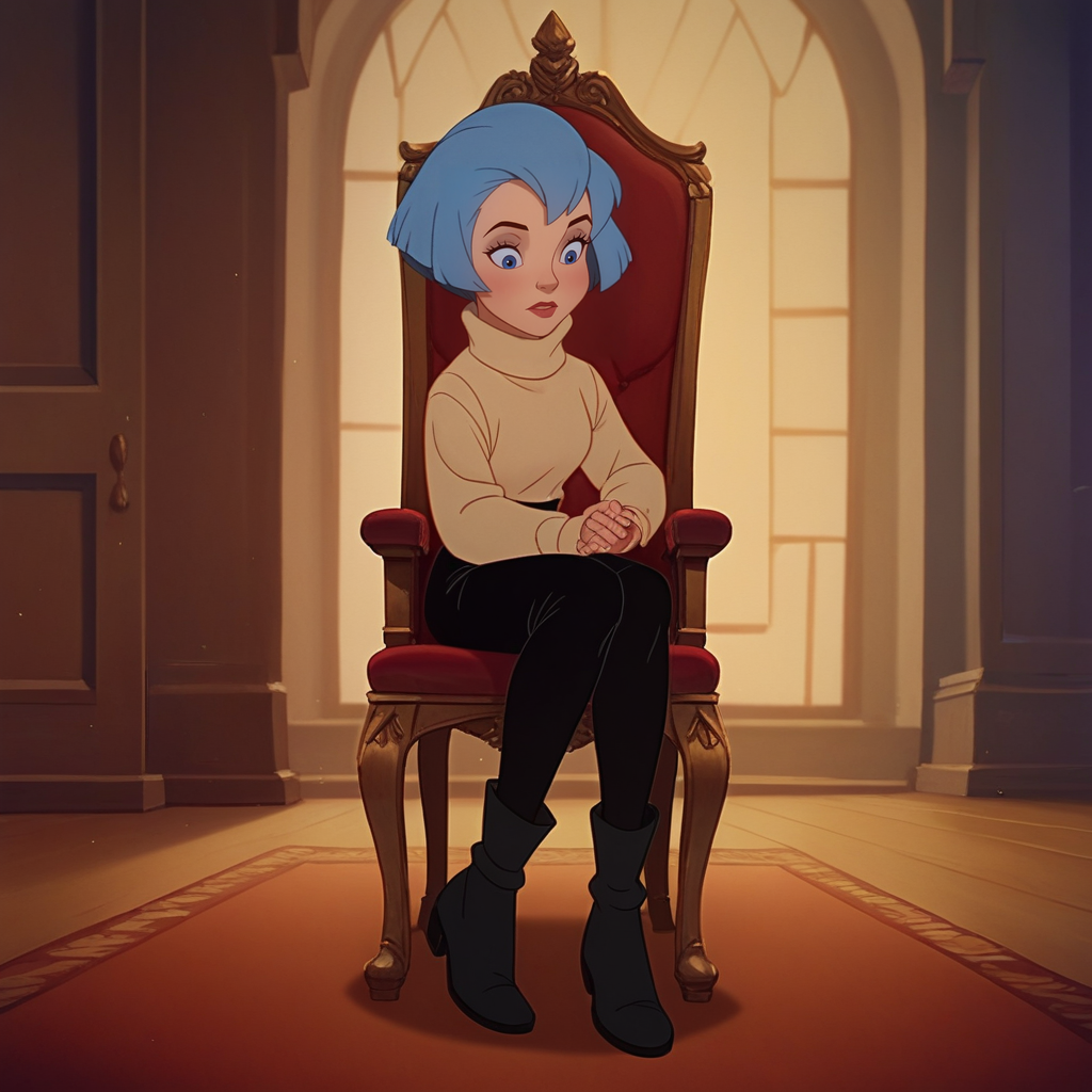 Ugly score_9_up, score_8_up, score_7_up, BREAK, DonBluth, 1girl, solo, blue hair, short hair, blue eyes, turtleneck sweater, black pants, black boots, on chair, indoors, <lora:DonBluth_PXL_Leaf3:1>,