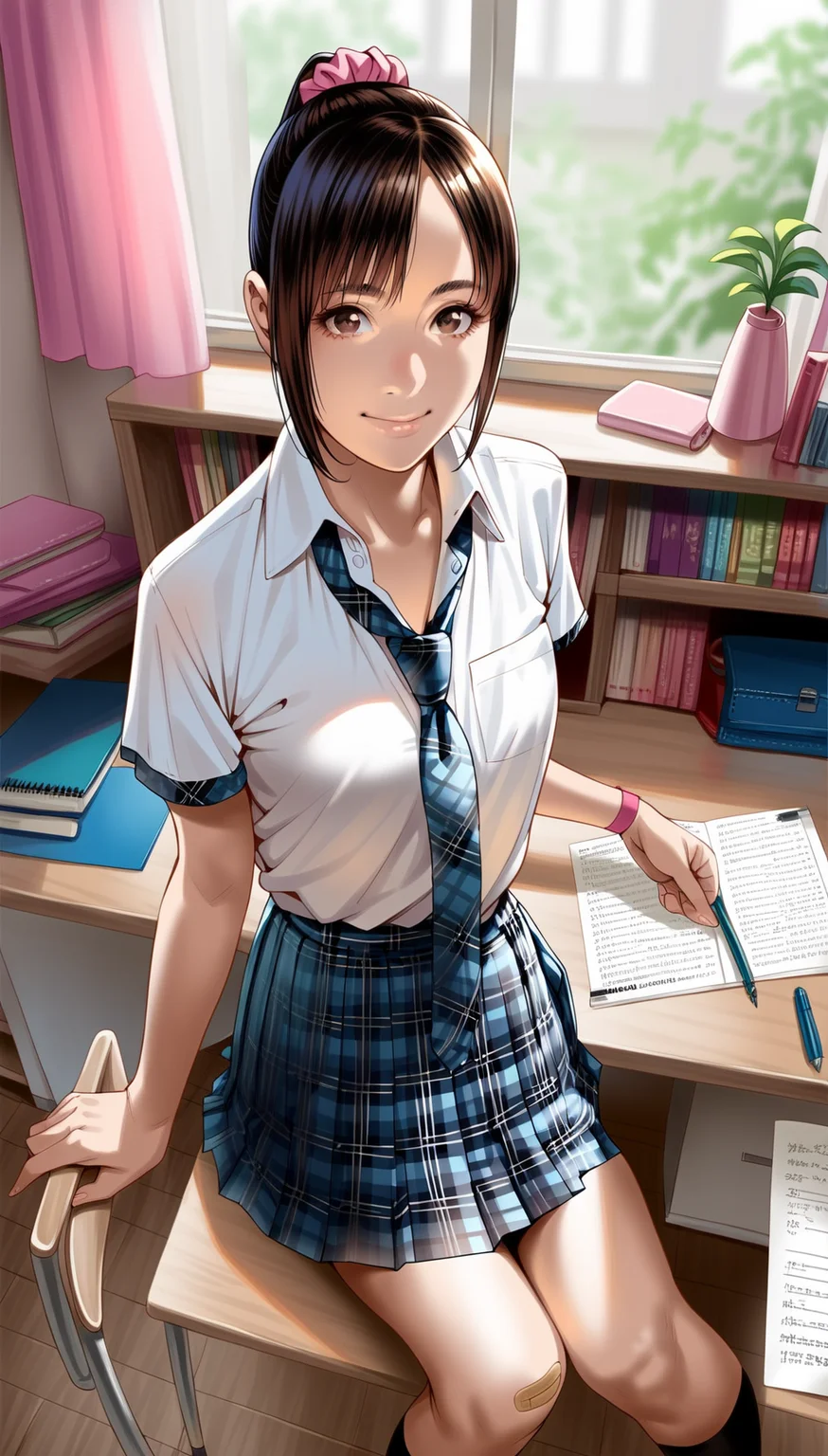 score_9,score_8_up,score_7_up,
highly detailed,highres,photorealism,(realistic:1.2),
<lora:miiyamotohikari:0.9>,miiyamotohikari,
1girl,solo,black hair,ponytail,bangs,pink scrunchie,brown eyes,school uniform,white collar shirt,blue plaid skirt,blue plaid necktie,red wristband,bandaid on knee,looking at viewer,facing aside,smile,cowboy shot,from above,sitting on chair,right hand holding a pen,left hand holding notebook,indoors,neat and tidy room,warm lighting,window screening,sunlight through window,pink curtains,wooden desk,wooden floor,desk bookshelf,books and stationery on desk,box with toys and books in the corner,pink lamp,