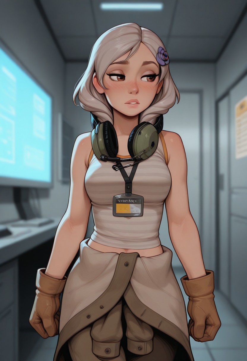 masterpiece, best quality, amazing quality, very aesthetic, DISNEY_ANIMATION, incoth, (incase:0.6), female, solo, (depth of field), indoors, lab, SunnyMGR, silver hair, brown eyes, hair flower, BREAK
striped tank top, jacket around waist, headphones around neck, gloves, lanyard, walking, looking away