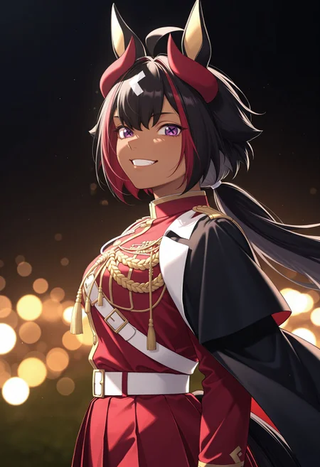 masterpiece,best quality,absurdres,highres,very aesthetic,high quality,detailed,insanely detailed,beautiful,perfect lighting, ,depth of field,blurry background,bokeh, looking at viewer,
upper body, grin, from side,
<lora:Mill Wakaba illu:1> 1girl, dark skin, dark-skinned female animal ears, horse girl, horse tail, cross-shaped pupils, purple eyes, streaked hair, ahoge, multicolored hair, black hair, white hair, low ponytail, long sleeves, red jacket, epaulettes, aiguillette, belt, black cape, red skirt, pleated skirt,