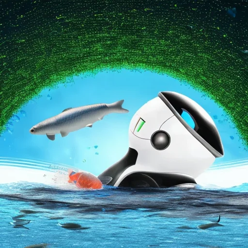 ((frutigeraero)), humanist, computer on a grass field with fish jumping out, vector