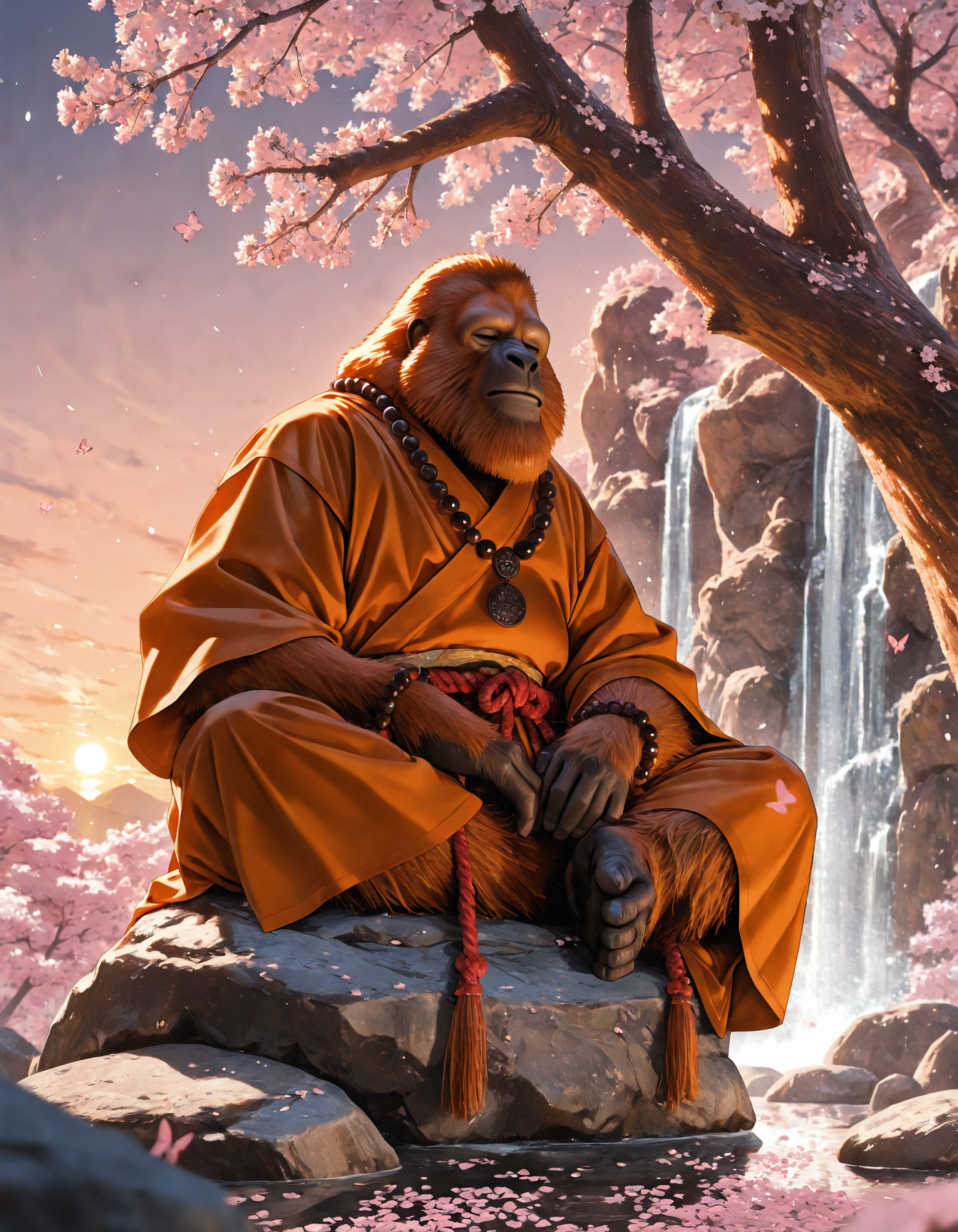 embedding:IllusP0s
,huge anthropomorphic orangutan monk, orangutan head, shaolin monk, orange robes, meditating on a rock, prayer beads, rope belt,butterfly sitting
, sunset, waterfall, rocks, cherry blossoms
,wide shot, depth of field, realism, no humans, animal focus