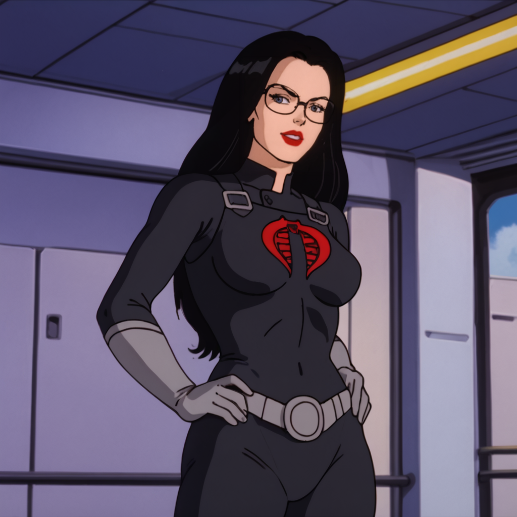 <lora:BaronessGiJoe_pony_v1:.75>  Baroness, 1girl, black hair, black bodysuit, glasses, lipstick, medium breasts, long hair, grey gloves, makeup, red lips, belt, retro artstyle, cowboy shot