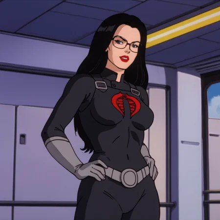 <lora:BaronessGiJoe_pony_v1:.75>  Baroness, 1girl, black hair, black bodysuit, glasses, lipstick, medium breasts, long hair, grey gloves, makeup, red lips, belt, retro artstyle, cowboy shot