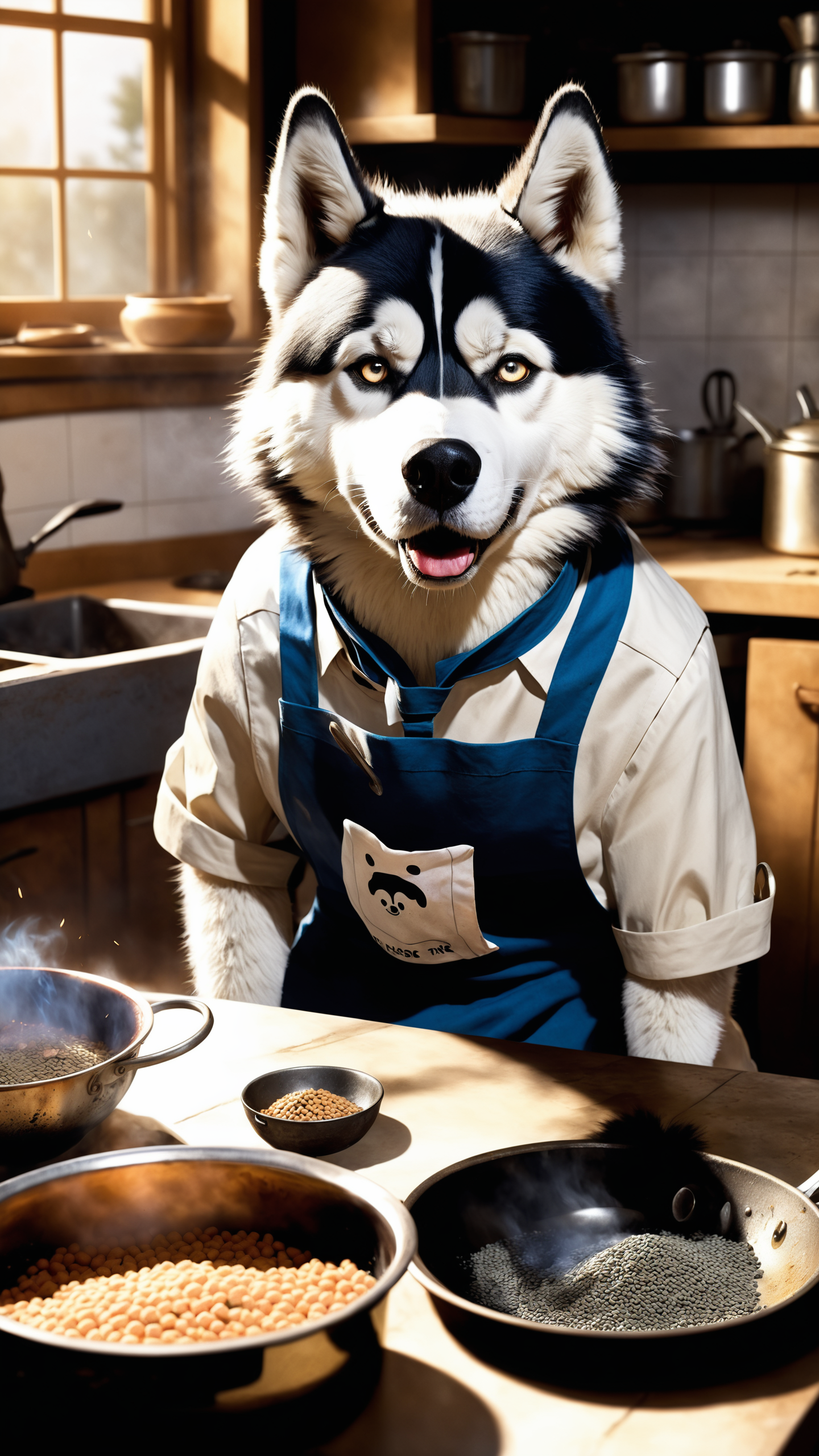 table, a rendition of a of a feral dirty husky wearing an apron and he has a confused expression in front of dirty dishes and cooking dog food with his clumsy paws while the, (food is charred and smoking:1.2), charred fur,  detailed, high resolution, concept art, oil panting, digital art, cinematic, dramatic light, low saturation, lowkey, Low Contrast, War Photography