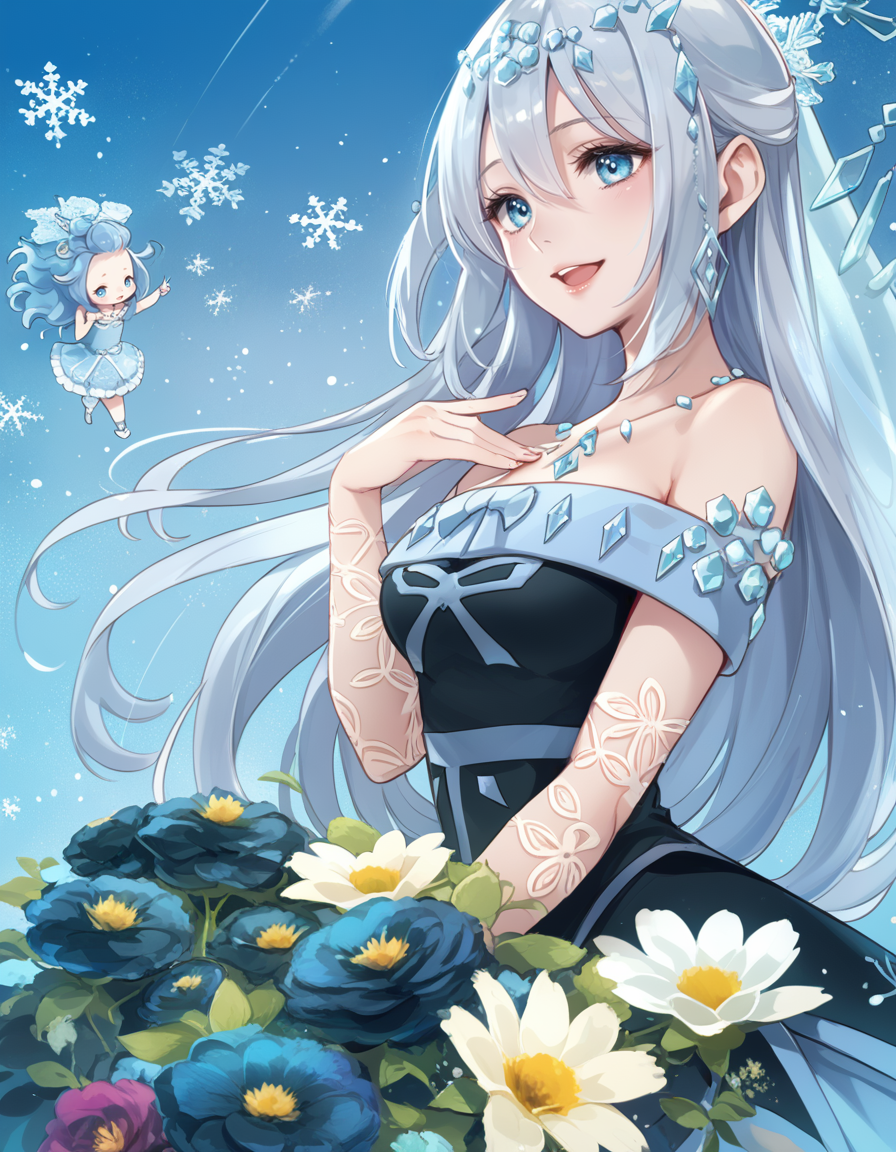(score_9:0.9),score_8_up,score_7_up,rating_safe,(zPDXL3),(zPDXL),
<lora:Teardrop the Rikka Queen ponyXL v1.1:0.83>,
garden,winter,snow,
teardrop the rikka queen,2girls,smile,snowflakes,medium breasts,open mouth,upper body,crystal necklace,blue background,minigirl,collarbone,snowflake tiara,snowflake print detached sleeves,cyan bridal veil,black strapless leotard,rikka petal,blue theme,snowflake umbrella,holding snowflake umbrella,cyan dress,hand on own chest,