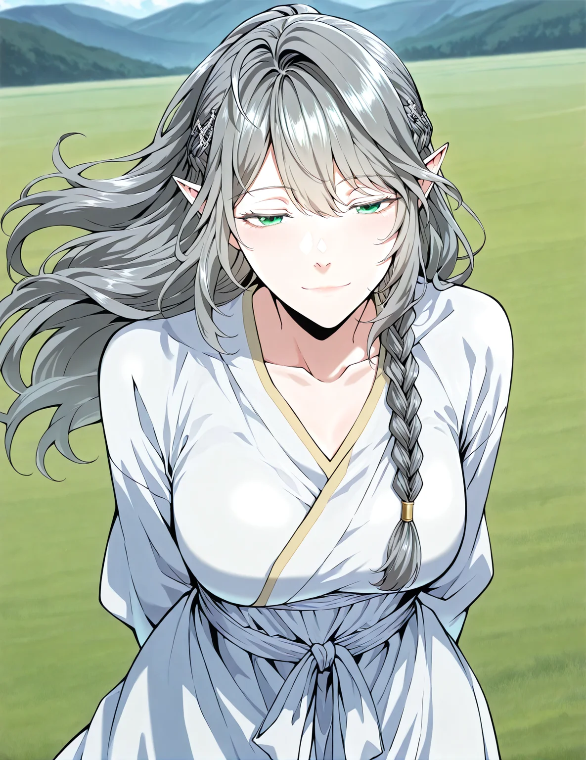 <lora:Tessia_Eralith__The_Beginning_After_the_End__Illustrious_v1-000008:1>
1 girl, solo, elf, pointy ears, green eyes, grey hair, braid, side braid, french braid, hair bettween eyes, bangs, long hair, ahoge
white robe, collarbone, hair ornament, barefoot
score_9, score_8_up, score_7_up, very aesthetic, source_anime, detailed, high quality, beautiful, masterpiece, detailed eyes, field, blurry background, pose dynamic angle, upper body, cowboy shot, light smile, floating hair, half-closed eyes, hands behind back, leaning forward, looking forward, looking at viewer, <lora:iLLMythG0thicL1nes:1>