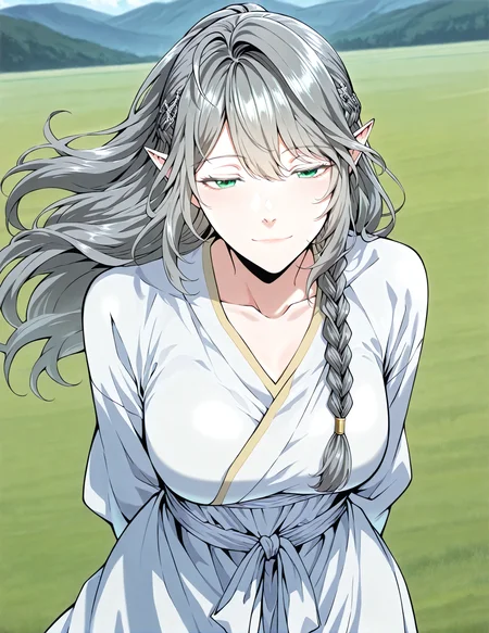 <lora:Tessia_Eralith__The_Beginning_After_the_End__Illustrious_v1-000008:1>
1 girl, solo, elf, pointy ears, green eyes, grey hair, braid, side braid, french braid, hair bettween eyes, bangs, long hair, ahoge
white robe, collarbone, hair ornament, barefoot
score_9, score_8_up, score_7_up, very aesthetic, source_anime, detailed, high quality, beautiful, masterpiece, detailed eyes, field, blurry background, pose dynamic angle, upper body, cowboy shot, light smile, floating hair, half-closed eyes, hands behind back, leaning forward, looking forward, looking at viewer, <lora:iLLMythG0thicL1nes:1>