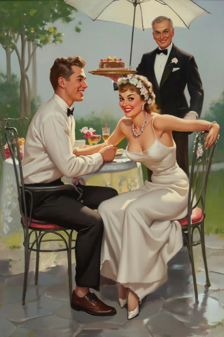 gilelvgren1 illustration.
a couple sitting at a dining table. On the left sits a man with combed back hair, shown in side profile, leaning slightly forward with his hand on the armrest. On the right sits a woman with her arm resting on the back of the seat, looking at the viewer. She wears a beaded necklace and floral headband. In the background, a middle-aged waiter in a tuxedo holds a tray with a cake. The setting is indoors with a lace-covered table and flowers.
The ground is wet and paved with grey stones, reflecting the sky and umbrella. The background is slightly blurred, showing hints of green grass and trees. The lighting is overcast and diffused, typical of a rainy day.
<lora:gilelvgren1_d8a4e9a:1.0><lora:868556718475345273:0>
