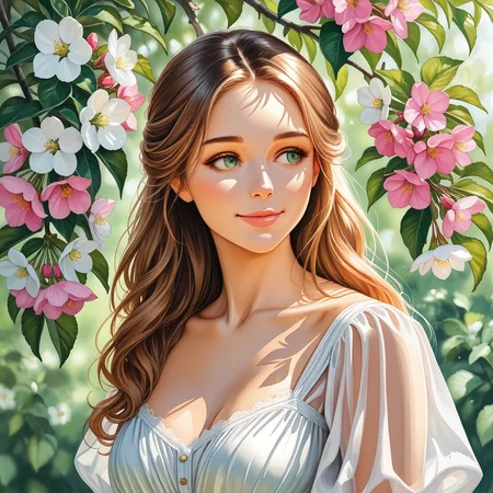 ten9erw4ter, 1girl, solo, long hair, breasts, smile, blonde hair, brown hair, dress, cleavage, medium breasts, closed mouth, green eyes, collarbone, upper body, flower, outdoors, day, white dress, blurry, lips, see-through, looking to the side, eyelashes, leaf, looking away, sunlight, white flower, lace, pink flower, realistic, branch, dappled sunlight