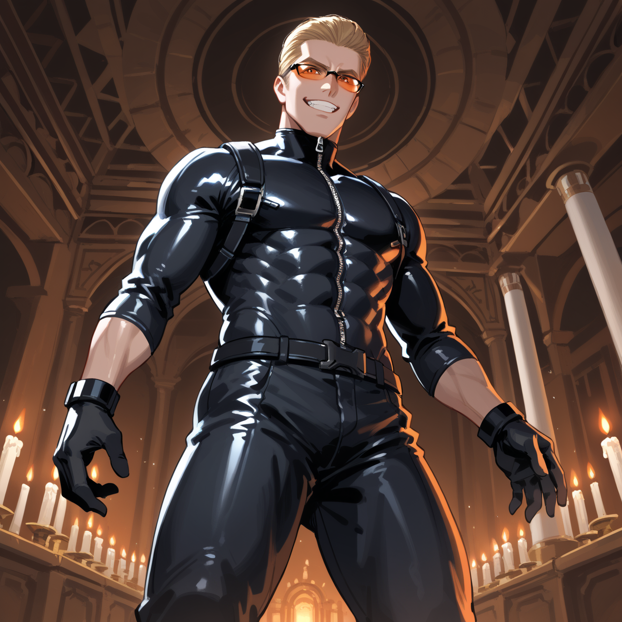 PonyScores7, source_anime, ah1, best quality, (masterpiece:1.4), (high quality:1.4), sharp focus, 4k, absurd resolution, <lora:albertwesker-guy-PONYv1:0.8> albertwesker, albert wesker, 1boy, solo, blonde, black gloves, sunglasses, belt, pants, black coat, black pants, looking at viewer, toned, athletic, fit, slicked back hair, black turtleneck, zipper, mature male, (graphene textured clothes), black boots, (brutal gladiator, scarred with a menacing grin and a spiked mace), (an ancient Jedi temple, adorned with weathered statues and murals depicting the history of the Jedi Order, bathed in the light of a thousand candles), bad-hands-5, ((ecstatic expression)), <lora:xl_more_art-full_v1:0.2>, <lora:shinyskin2:0.2> glistening skin, <lora:aesthetic_anime_v1s:0.2>, <lora:Expressive_H:0.2> Expressiveh, <lora:hairdetailpxl:0.2> hairdetailpxl, <lora:detailxl:0.2> detailxl, (Low angle (from the side) view Distance shot), (work suit), (focused, intense glare), slit pupils, short hair, (reddish orange eyes), best quality, amazing quality, best aesthetic, absurdres, <lora:expressive eyes:0.2> expressive eyes, <lora:eyedetailpxl:0.2> eyedetailpxl, illustration, Volumetric_Lighting, ultra-detailed, very aesthetic, intricate details, 8k, masterpiece, best_quality, (angular face, sharp_featured face),