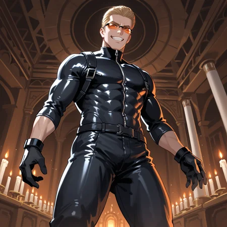 PonyScores7, source_anime, ah1, best quality, (masterpiece:1.4), (high quality:1.4), sharp focus, 4k, absurd resolution, <lora:albertwesker-guy-PONYv1:0.8> albertwesker, albert wesker, 1boy, solo, blonde, black gloves, sunglasses, belt, pants, black coat, black pants, looking at viewer, toned, athletic, fit, slicked back hair, black turtleneck, zipper, mature male, (graphene textured clothes), black boots, (brutal gladiator, scarred with a menacing grin and a spiked mace), (an ancient Jedi temple, adorned with weathered statues and murals depicting the history of the Jedi Order, bathed in the light of a thousand candles), bad-hands-5, ((ecstatic expression)), <lora:xl_more_art-full_v1:0.2>, <lora:shinyskin2:0.2> glistening skin, <lora:aesthetic_anime_v1s:0.2>, <lora:Expressive_H:0.2> Expressiveh, <lora:hairdetailpxl:0.2> hairdetailpxl, <lora:detailxl:0.2> detailxl, (Low angle (from the side) view Distance shot), (work suit), (focused, intense glare), slit pupils, short hair, (reddish orange eyes), best quality, amazing quality, best aesthetic, absurdres, <lora:expressive eyes:0.2> expressive eyes, <lora:eyedetailpxl:0.2> eyedetailpxl, illustration, Volumetric_Lighting, ultra-detailed, very aesthetic, intricate details, 8k, masterpiece, best_quality, (angular face, sharp_featured face),