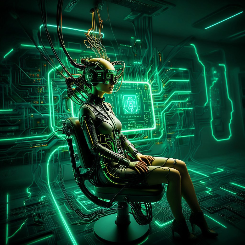 mia sara as a borg woman biocomputer, age-36, fabulous big 80s hair, skin of fluorescent iccircuitart circuit lines, weird fashion, cyberpunk fashion, futuristic fashion, eye implant, 7-jackedin connected by wires to a wall, assimilated into a medical chair by cables, inside a cyberpunk borg silicon chip, yellow and light green theme
(Professional photography, bokeh, flash photography, sharp focus, tilt-shift lens, wide angle shot:0.9)
