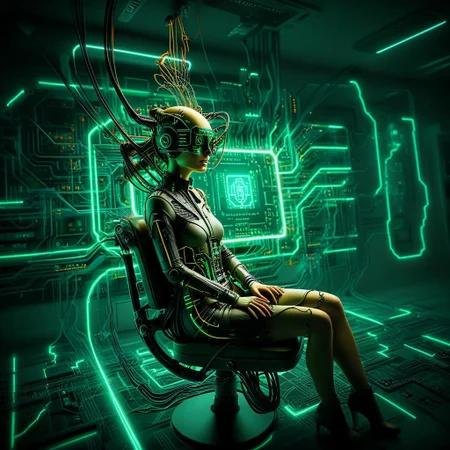 mia sara as a borg woman biocomputer, age-36, fabulous big 80s hair, skin of fluorescent iccircuitart circuit lines, weird fashion, cyberpunk fashion, futuristic fashion, eye implant, 7-jackedin connected by wires to a wall, assimilated into a medical chair by cables, inside a cyberpunk borg silicon chip, yellow and light green theme
(Professional photography, bokeh, flash photography, sharp focus, tilt-shift lens, wide angle shot:0.9)