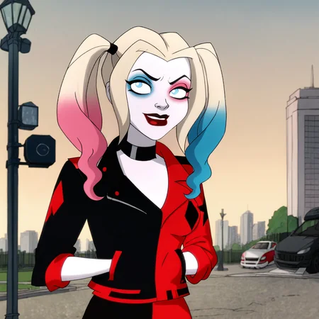 <lora:harleyquinncartoon_pony_v1:.9> HarleyQuinnJacketCartoon, 1girl, makeup, twintails, blue eyes, lipstick, breasts, choker, jacket, eyeshadow, belt, blue blonde pink multicolored gradient hair, red lips, pale skin, traffic light, cowboy shot