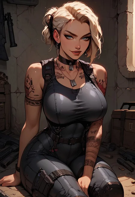 Score_9, Score8_up, Score_7_up, (((High Resolution, Best Quality))),
1girl, solo, toned arms, sleeveless, Covered in Tattoos, neck tattoos, hair tied up,
futuristic, futuristic bodysuit, revealing bodysuit, tight bodysuit, tactical, military gear, large breasts, choker, dog tags, ear piece,
seducing, seductive, flirty, tender, loving, playful, looking at viewer, smug,
Sitting on ground, leaning against wall, relaxed, leaning back, arm resting on knees, arm on knee,
inside, Military, military base, military barracks, cots, crates, military boxes, guns, bullets, supplies, armory,