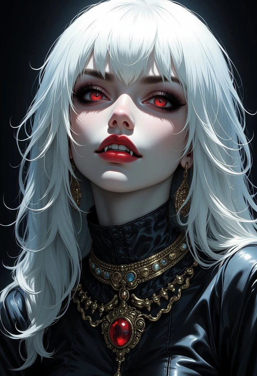 Stunning illustration of Japanese goth woman, vampire, long white hair, two-tone hair, bangs, earrings and elaborate necklaces, egyptian eyeliner, red lips, fangs, direct sensual gaze, erotic, sexy, silhouetted in moonlight, detailed red eyes
