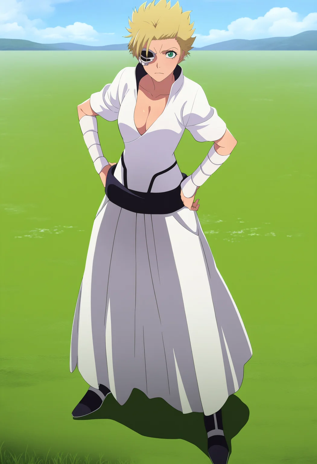 masterpiece, best quality, very aesthetic, absurdres,
1girl, menolymallia, eyepatch, green eyes, blonde hair, short hair, spiked hair,
bandages, cleavage, dress,
hands on hips, standing, full body, solo, looking at viewer, grass, blue sky, meadow background <lora:MenolyMalliaNoobXL_byKonan:1>