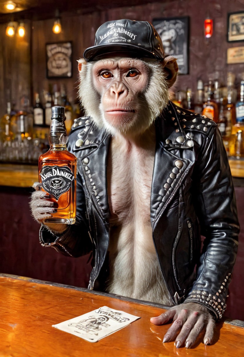 "Vervet monkey", "ultra realistic with high quality and ultra detail with excellent focus of Vervet monkey, presented as a rocker, rocker leather jacket and rocker leather hat on head, sitting at a bar in a smoky setting, rocker pub , (smoking cigarette in ashtray ), a bottle of Jack Daniels whiskey, a half-full glass of whiskey and ice cubes