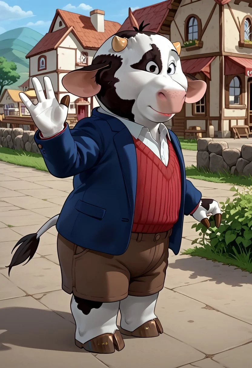 score_9, score_9_up, 1boy, anthro, male, cow, pink nose, small horns, floppy ears, black and white fur, cow pattern fur, cow spots, white shirt, red jumper, brown shorts, blue blazer, brown hooves, cow tail, standing, town background, day, greeting, hand waving, Expressiveh