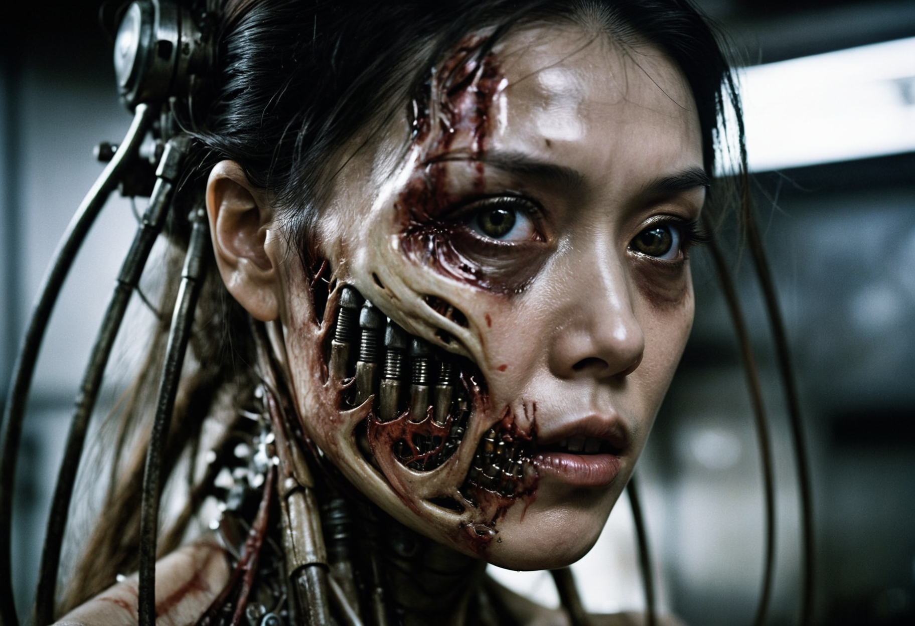 Horror-themed cinematic film still beautiful Japanese girl is an unsettling scary terrifying bio mechanical cyborg post human, physically accurate, dramatic dynamic lighting, intricate, elegant, highly detailed, digital painting, artstation, very hyperrealistic, very very very HR GIGER, very Bensinski, Hieronymus Bosch, Francis Bacon, smooth, sharp focus, art by artgerm and greg rutkowski and alphonse mucha high budget, bokeh, cinemascope, moody, epic, gorgeous, film grain, grainy . Eerie, unsettling, dark, spooky, suspenseful, grim, highly detailed