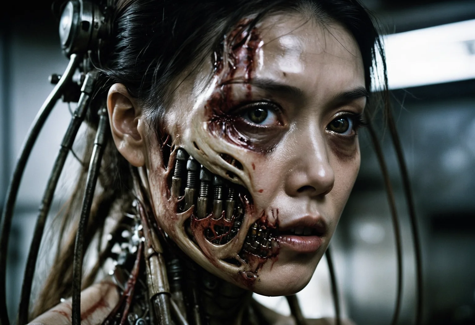 Horror-themed cinematic film still beautiful Japanese girl is an unsettling scary terrifying bio mechanical cyborg post human, physically accurate, dramatic dynamic lighting, intricate, elegant, highly detailed, digital painting, artstation, very hyperrealistic, very very very HR GIGER, very Bensinski, Hieronymus Bosch, Francis Bacon, smooth, sharp focus, art by artgerm and greg rutkowski and alphonse mucha high budget, bokeh, cinemascope, moody, epic, gorgeous, film grain, grainy . Eerie, unsettling, dark, spooky, suspenseful, grim, highly detailed