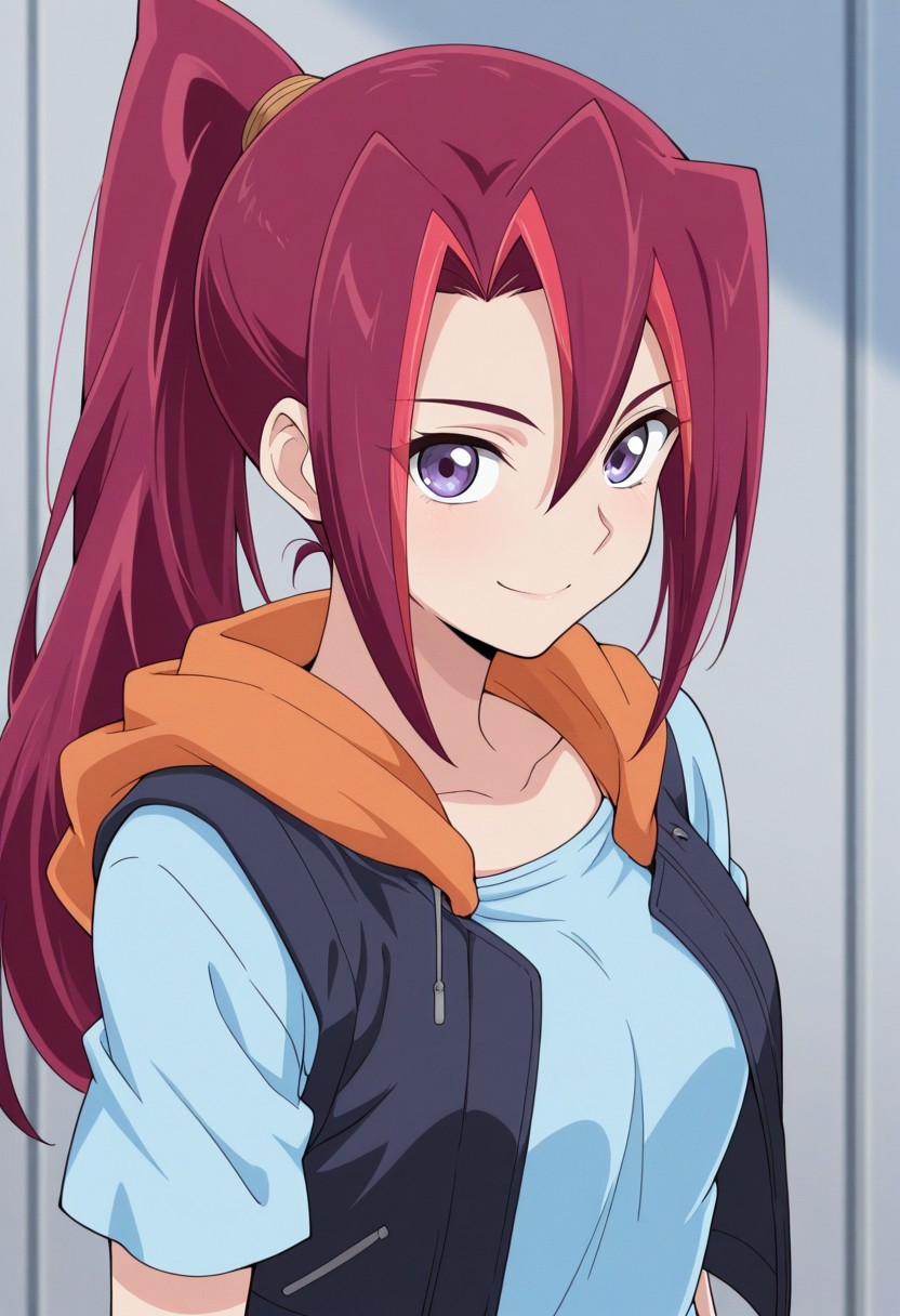 masterpiece,best quality,amazing quality, source_anime, 
KariTsukumo, 1girl, solo, purple eyes, red hair, long hair, ponytail, multicolored hair, shirt, blue shirt, short sleeves, jacket, hood, sleeveless jacket, smile, looking at viewer,