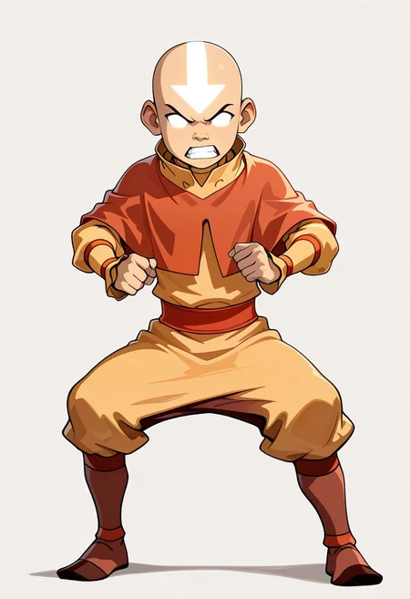 masterpiece, absurdres, high quality, perfect anatomy, 1boy, solo, cute boy, male focus, angry, teeth clenched, Aang, bald, Avatar state, Glowing White Eyes, no pupils, Glowing White Facial Marking, Glowing White Arrow (Symbol) Tattoo On Forehead, Air Nomad Outfit, Yellow Shirt, Long Sleeves, Orange Capelet, Orange Sash Belt, Yellow Pants, Brown Boots, simple background,