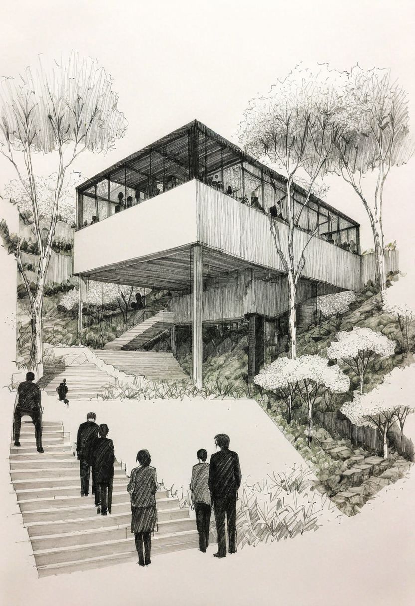 Architecture sketch, minimalist sleek villa in tokyo city center by kengo kuma, heavy black lines on white paper, trees, two people enjoying, <lora:HandSketcher-XL:0.7>  <lora:xl_more_art-full_v1:0.5>