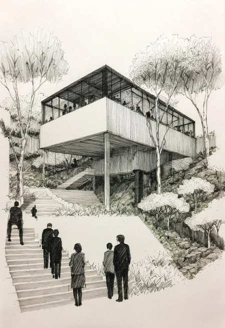 Architecture sketch, minimalist sleek villa in tokyo city center by kengo kuma, heavy black lines on white paper, trees, two people enjoying, <lora:HandSketcher-XL:0.7> <lora:xl_more_art-full_v1:0.5>