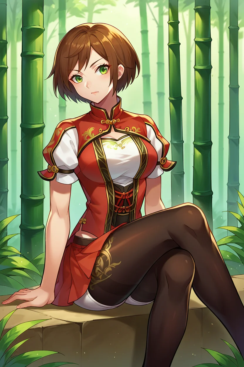 score_9,score_8_up,score_7_up,score_6_up, BREAK sunshangxiang,1girl, solo, brown hair, short hair, green eyes,swept bangs, chinese clothes, red jacket, red skirt, white shirt, shorts under skirt, white short shorts, brown print pantyhose, bamboo forest, sitting, crossed legs, <lora:SunShangXiangPony:1>