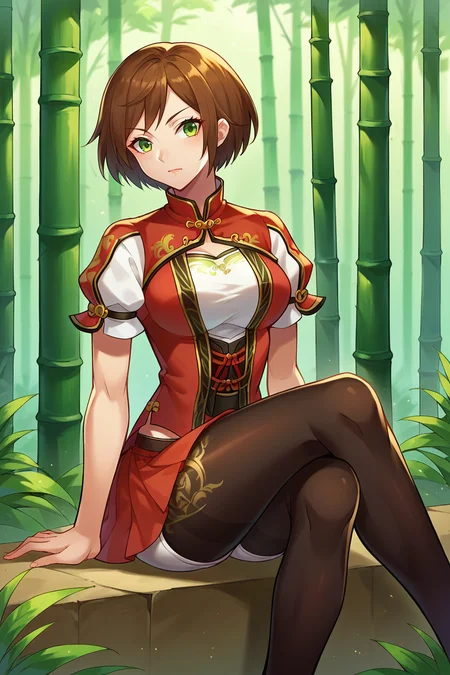 score_9,score_8_up,score_7_up,score_6_up, BREAK sunshangxiang,1girl, solo, brown hair, short hair, green eyes,swept bangs, chinese clothes, red jacket, red skirt, white shirt, shorts under skirt, white short shorts, brown print pantyhose, bamboo forest, sitting, crossed legs, <lora:SunShangXiangPony:1>