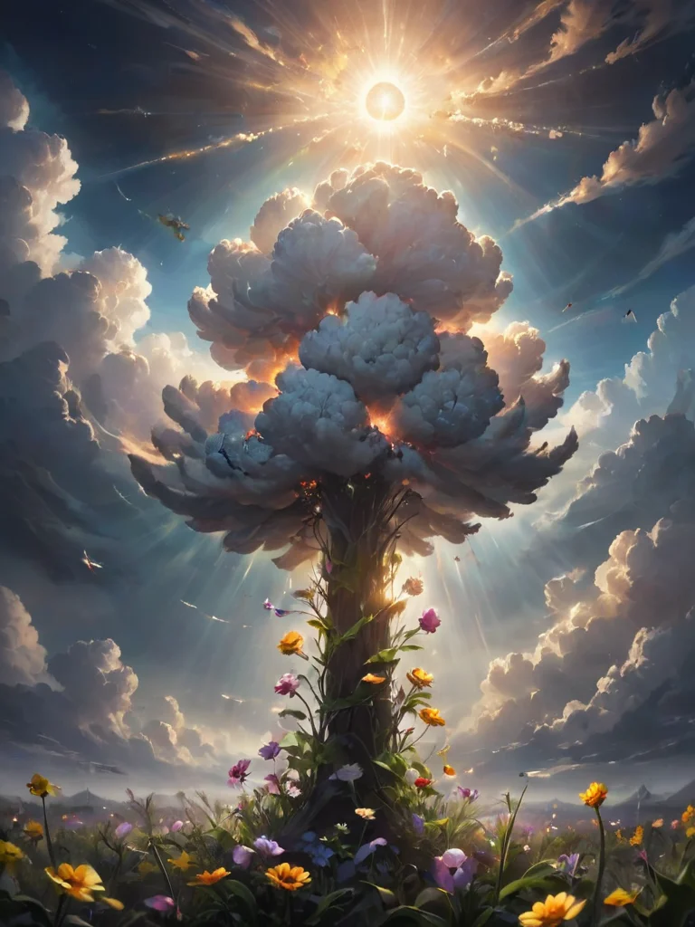 letitflrsh, let it flourish, nuclear clouds, radiation, flowers, illumination, atmospheric, scale, order, healing, light, hope, soothing, calm, <lora:- SDXL - letitflrsh_let_it_flourish_V1.0:.8>