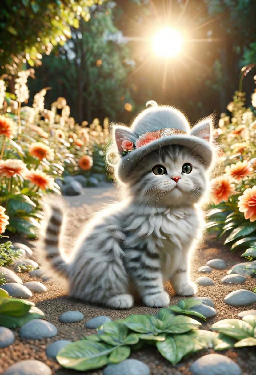 ral-fluff,<lora:ral-fluff:1>,
chibi,masterpiece,best quality,original,official art,silver metallic maincoon cat,hat,flower,blurred background,rendering,beautiful detailed glow,(detailed ice),beautiful detailed sun,sunny, blurred flower, happy