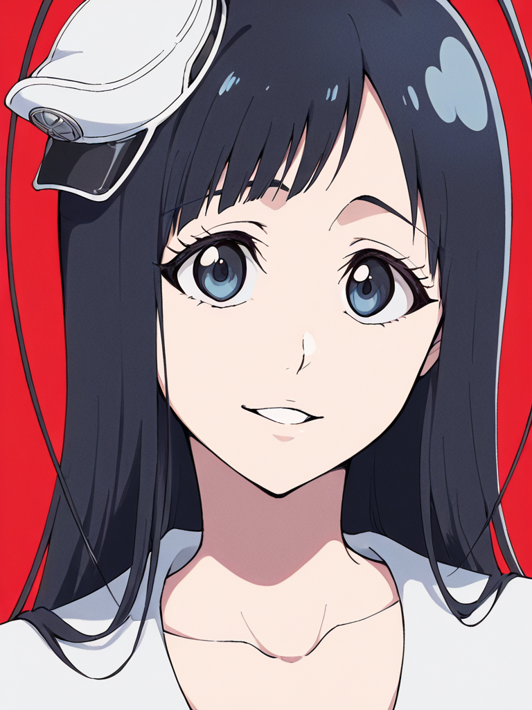score_9, score_8_up, score_7_up,  
1boy, androgynous, giselle gewelle, blue eyes, black hair, long hair, antenna hair,

minihat, white dress, collarbone, 
face, close-up, red background,

looking at viewer, smile, parted lips, 
