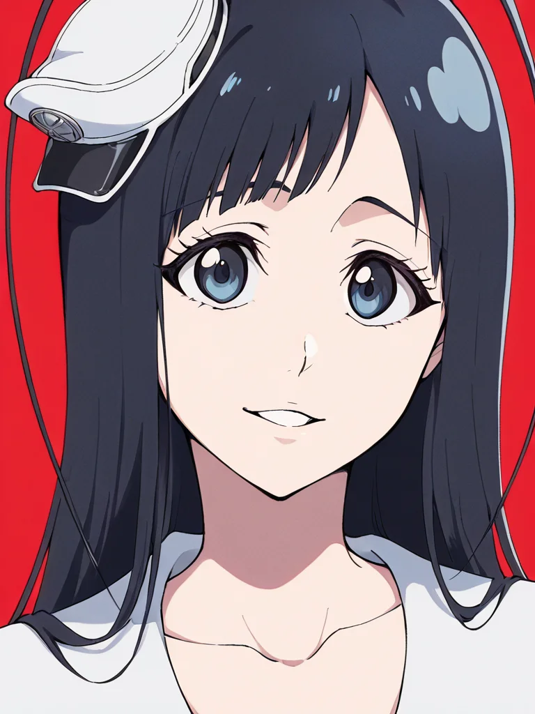 score_9, score_8_up, score_7_up,  
1boy, androgynous, giselle gewelle, blue eyes, black hair, long hair, antenna hair,

minihat, white dress, collarbone, 
face, close-up, red background,

looking at viewer, smile, parted lips, 
