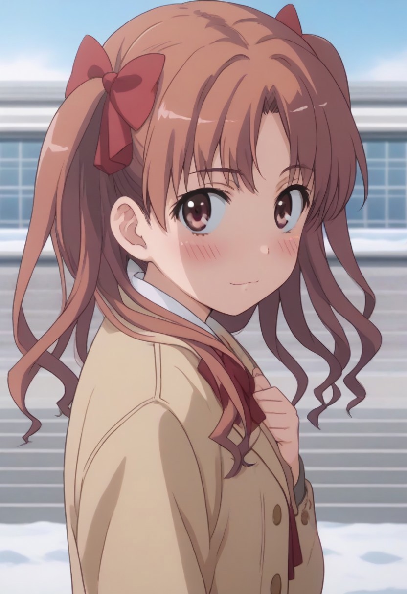 1girl, (upper body:1.5), campus, school, standing, cute, twin tail, school building, blush, proud, on own shoulder, red hair ribbon, hair ribbon, kuroko, winter, looking at viewer, snow, hand_on_own_chin, side view