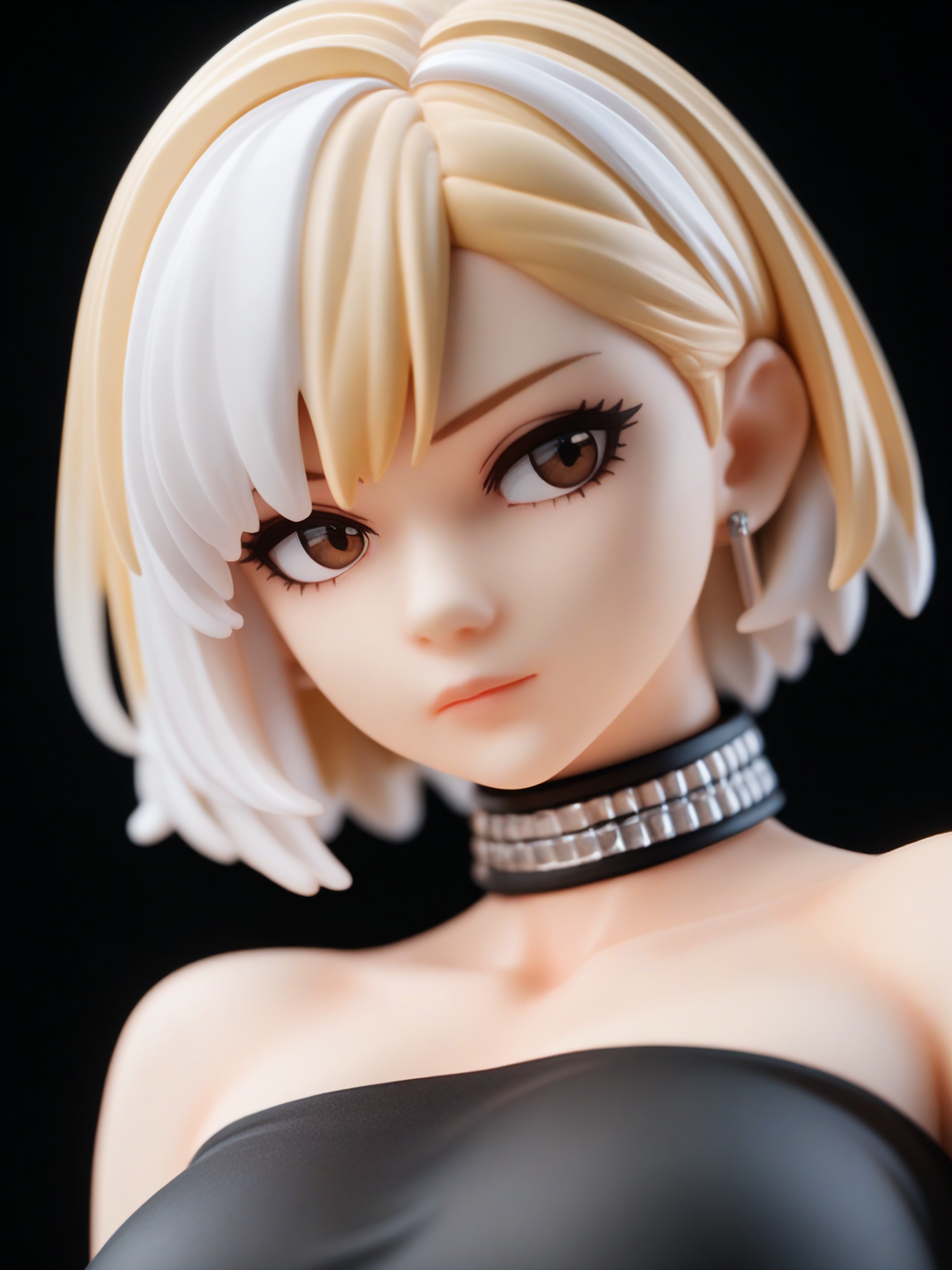 score_9, score_8_up, score_7_up, score_6_up, high quality, high contrast, 1girl, supermodel, (portrait), blonde hair, short hair, white highlights, brown eyes, tutleneck, large breasts, rhinestone choker, <lora:rhinestone_choker_mabusius_pony_v1.1:0.4>, black background