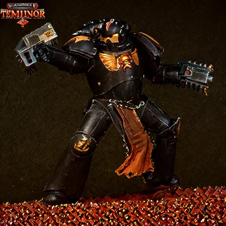 Score_9_up, absurdres, source: GamesWorkshop, grimdark, gothic horror, an adeptus astartes space marine in terminator armor and helmet, he is swinging a chainsword