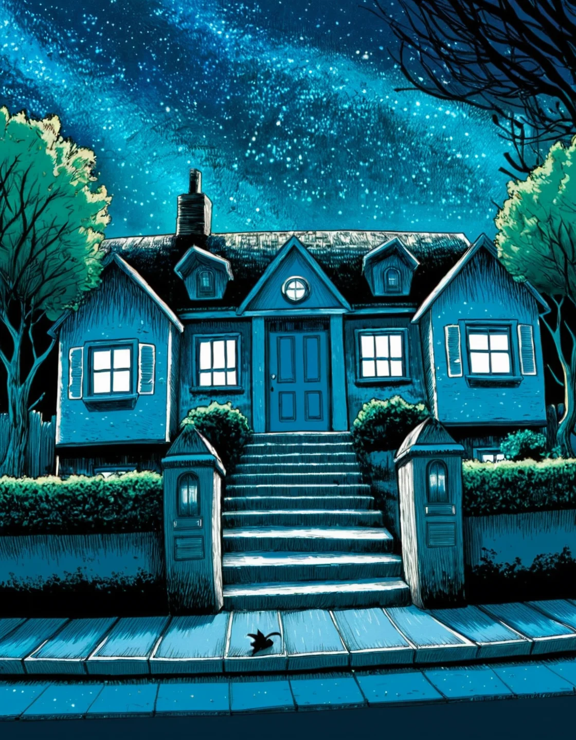 t1md0yl3, outdoors scenery, no humans,
a street running through a row of houses houses, liminal space,
peaceful, serene, sky, tree, window, night, border, building, star (sky), night sky, starry sky, stairs, door, bush, suburbia,
<lora:tim_doyle-SDXL-v1:1>