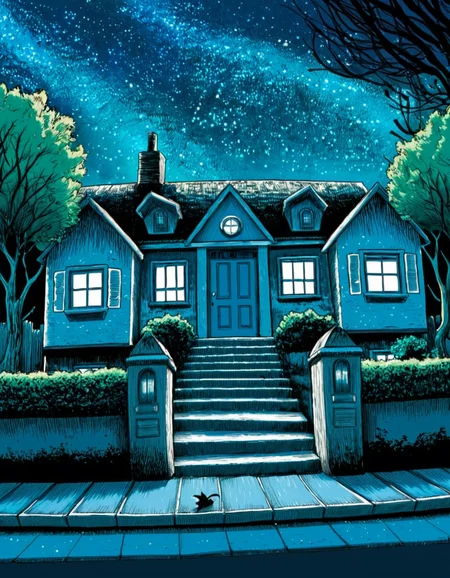 t1md0yl3, outdoors scenery, no humans,
a street running through a row of houses houses, liminal space, 
peaceful, serene, sky, tree, window, night, border, building, star (sky), night sky, starry sky, stairs, door, bush, suburbia, 
<lora:tim_doyle-SDXL-v1:1>