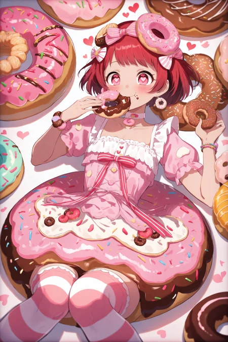 (masterpiece, best quality:1.2), amazing quality, very aesthetic, absurdres, perfect detail,
doughnut cushion, white room,
on back, holding doughnut, eating, smile, blush, heart-shaped pupils,
, jigita, red hair, short hair, food-themed hair ornament, hair bow, pink bow, earrings, choker, collarbone, pink dress, striped ribbon, short sleeves, frills, bracelet, doughnut, food-themed clothes, food, striped thighhighs
<lora:XL_Anima4_gomaotsu-digitalis-t1:1.0>