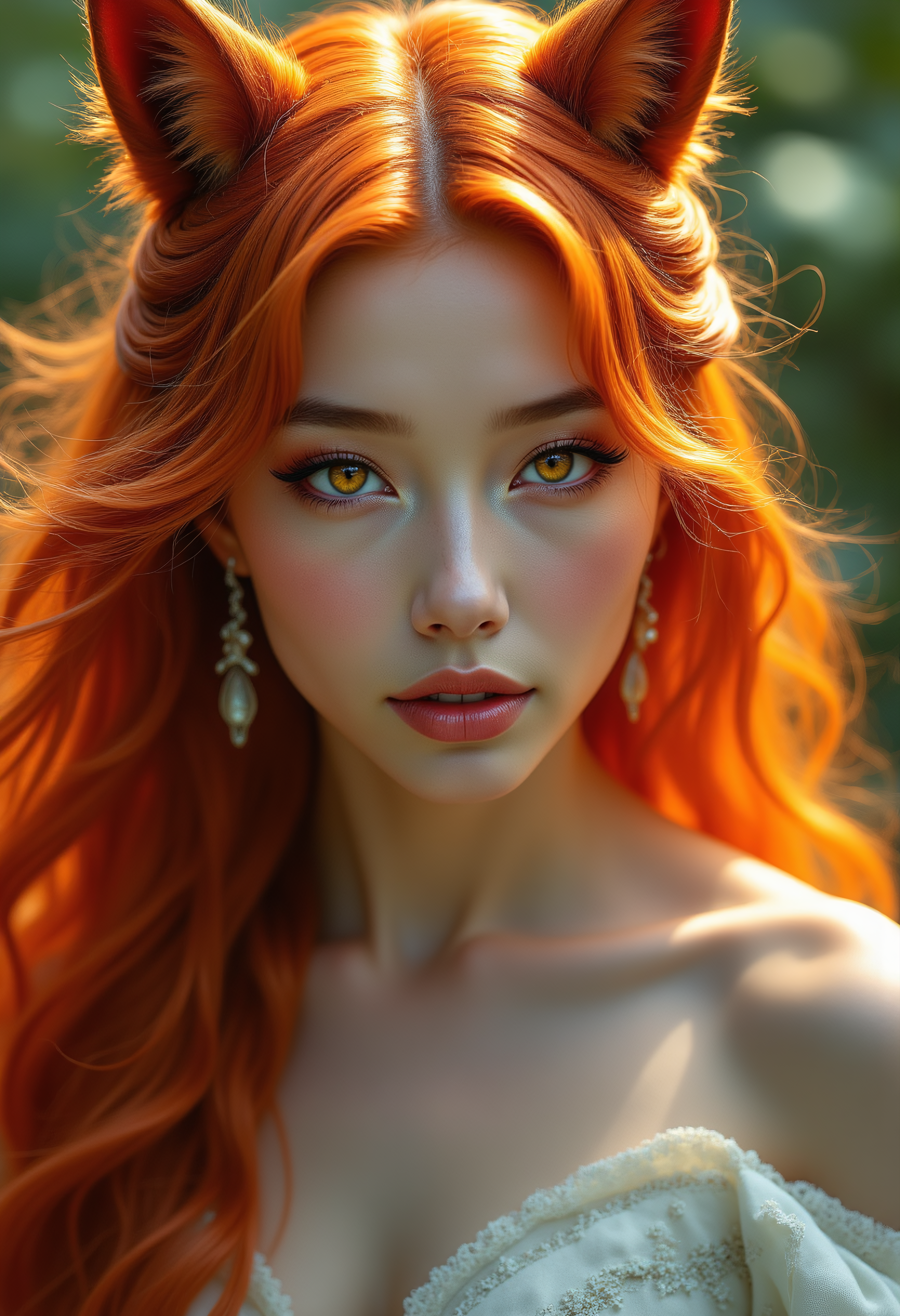 cinematic still pinkhidreamfantasy,, The Kumiho, a captivating yet terrifying figure from Korean folklore, is often depicted as a stunningly beautiful woman with long, flowing orange hair and enchanting features that can mesmerize anyone who gazes upon her. Her skin is pale and flawless, exuding an otherworldly glow that draws in unsuspecting victims. However, beneath her alluring exterior lies a sinister truth: she possesses sharp, elongated claws and a mouth filled with razor-sharp teeth, capable of consuming human hearts. In many tales, she is portrayed with nine fox tails, each one representing her cunning and magical abilities, which can sway and flicker like flames as she moves. When she appears, an eerie stillness envelops the surroundings, and the air is thick with an unsettling tension, as if nature itself is warning of her predatory nature, leaving those who encounter her both entranced and filled with dread. . emotional, harmonious, vignette, 4k epic detailed, shot on kodak, 35mm photo, sharp focus, high budget, cinemascope, moody, epic, gorgeous, film grain, grainy, (masterpiece), (best quality), (ultra-detailed), illustration, disheveled hair, detailed eyes, perfect composition, moist skin, intricate details, earrings, by wlop <lora:PinkHiDreamFantasy-SemiRealisticFLUX:0.8>
