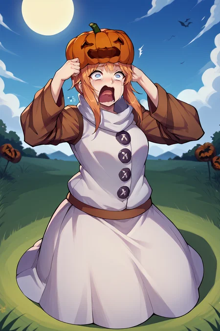 score_9, score_8_up, score_7_up, score_6_up, source_anime BREAK 1girl, solo  <lora:mcsnowgolem-pdxl-nvwls-v1-000005:1> sgolem, pumpkin hat, white coat, orange sleeves, white skirt, buttons, blue eyes, blue sky, sun, heat waves  <lora:concept_aquascreaming_ponyXL:1> aquascreaming, screaming, open mouth, crying with eyes open, kneeling, arm up, crawling, shocked, field