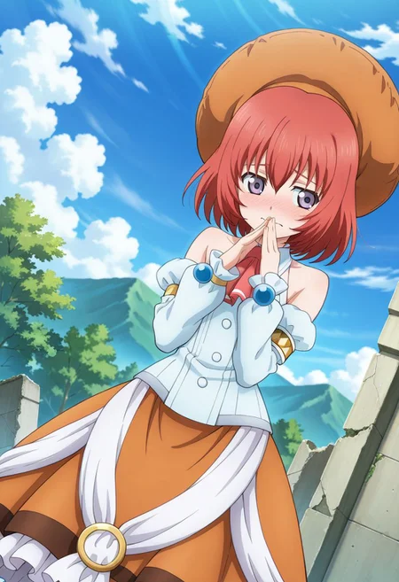 detailed eyes, beautiful, detailed background, perfect eyes,
source_anime, very aesthetic, anime coloring, masterpiece, official art,
<lora:HandFineTuning_XL:1>
BREAK,
ruins, trees, blurry background,
fidgeting, embarrassed, looking away,
dynamic angle,
BREAK,
BREAK,
<lora:seles_illustrious_v01:0.95>
orange headwear, orange hat, red hair, short hair, grey eyes, hair between eyes, sidelocks,
red ascot, white shirt, sleeveless, detached sleeves, orange skirt, frills,