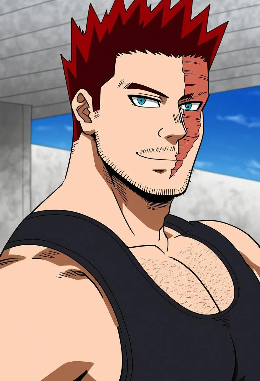 ASCII1boy, Endeavor, male focus, smile, solo, mature male, muscular male, spiked hair, red hair, blue eyes, scar, stubble, tight black tank top, large pectorals, portrait, closeup, from the side, outdoors, sky background, 4k, masterpiece,