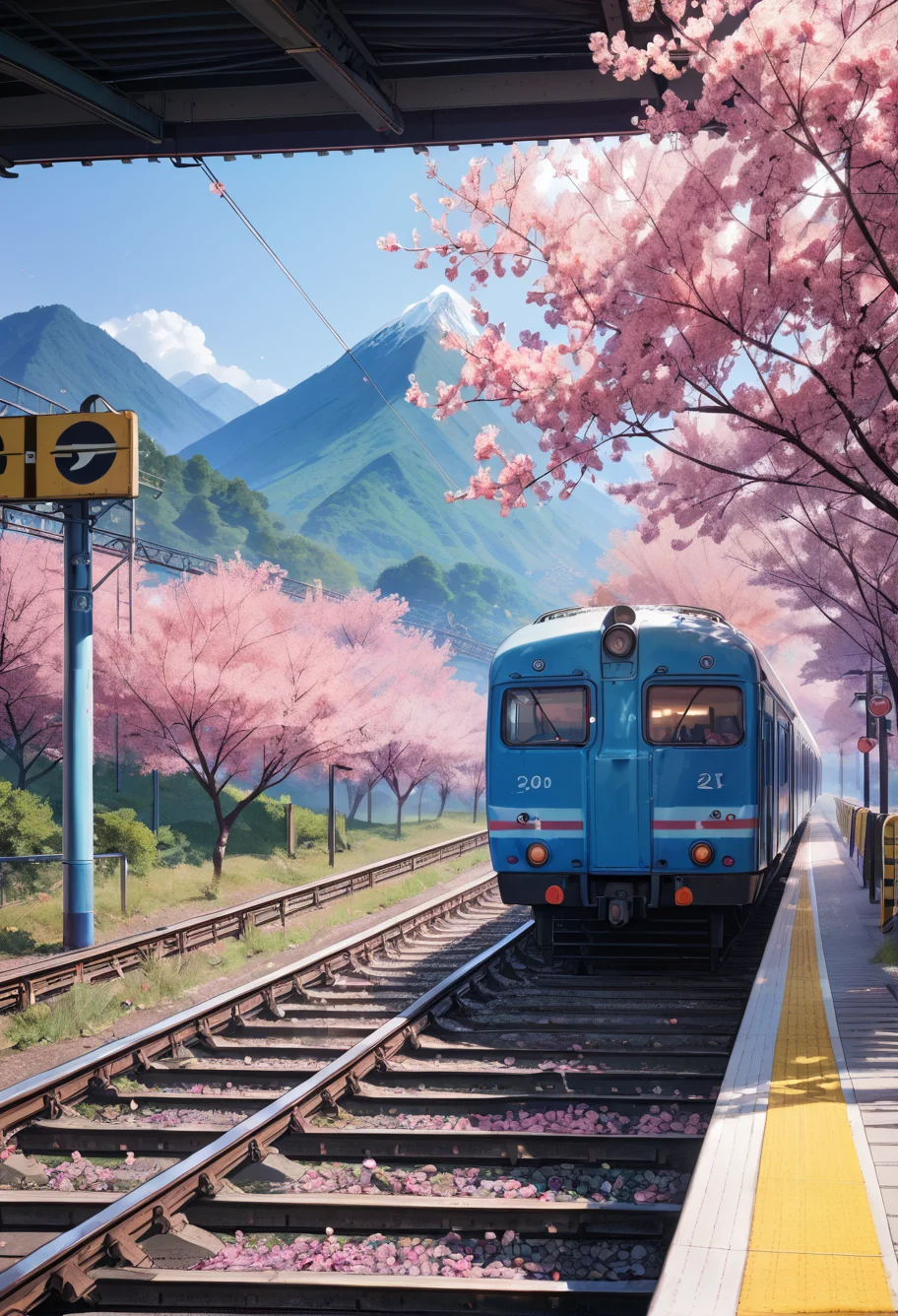 ,ruanyi0802,train station,cherry blossoms,blue sky,mountain,<lora:802 Sakura Train Station_v1_pony:1>, score_9,score_8_up,score_7_up,,8k,1girl,solo,,