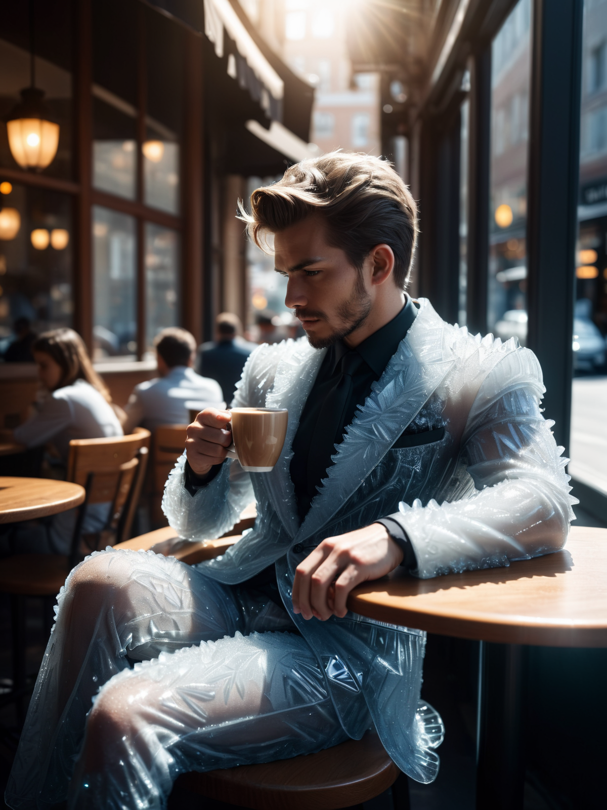 man wearing a mad-ice dress suit sitting in cafe drinking coffee, looking cinematic shot, sunshine <lora:Ice_SDXL:0.6>, raw photo, film grain, Fujifilm XT3, (photorealistic, realistic:1.2), deep shadow,  8k, uhd, dslr, ultra high res