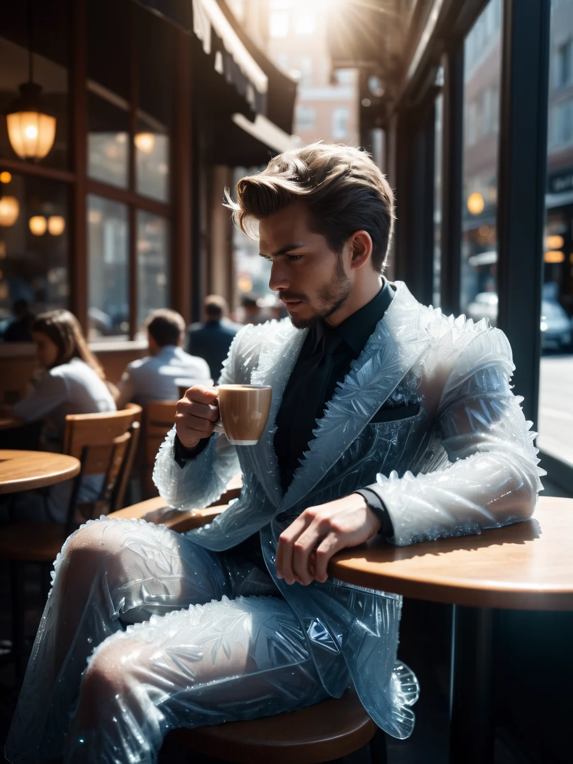 man wearing a mad-ice dress suit sitting in cafe drinking coffee, looking cinematic shot, sunshine <lora:Ice_SDXL:0.6>, raw photo, film grain, Fujifilm XT3, (photorealistic, realistic:1.2), deep shadow,  8k, uhd, dslr, ultra high res
