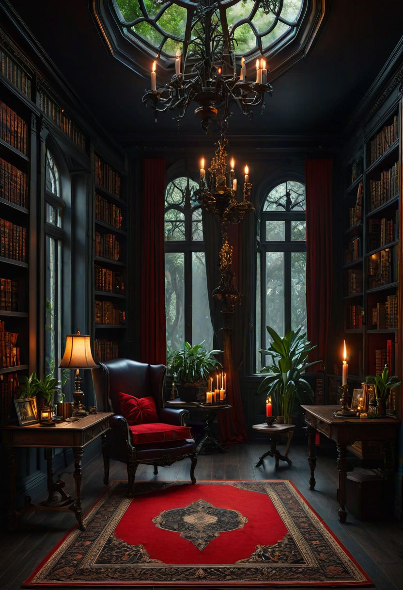 ((masterpiece, best quality)), high resolution, highly detailed, 32k picture, realistic, professional photo,  Dark Academia, indoors, dark theme,  tree, no humans, window, chair, table, plant, lamp, candle, library, red carpet, candlestand, chandelier, books,